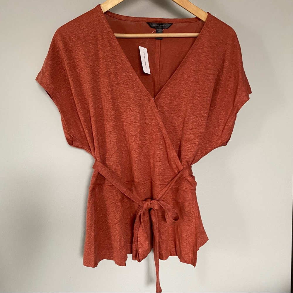 Banana Republic NWT Rust Copper Linen Wrap Shirt Short Sleeve Tee Top Petite L